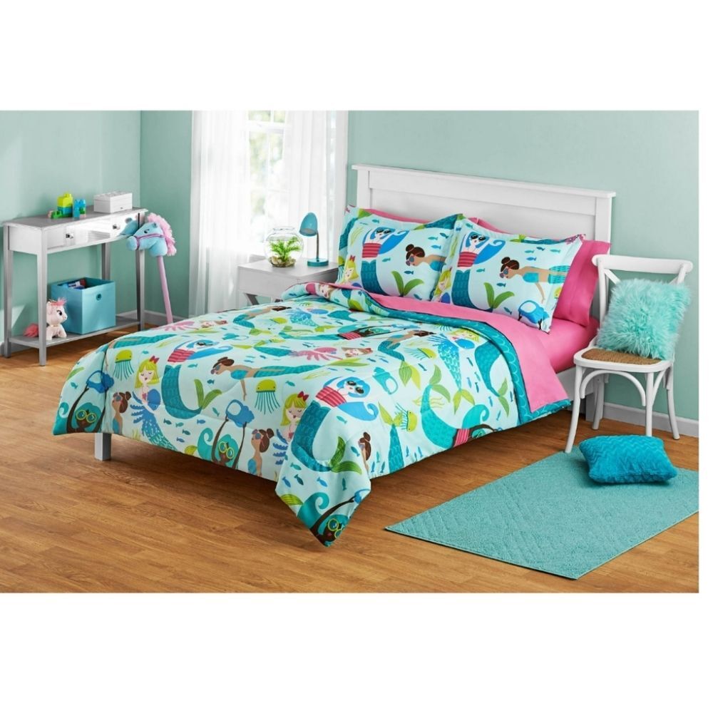 Your Zone Teal and Pink Mermaid Full Bedding Set for Kids, Machine Wash, 7 Piece